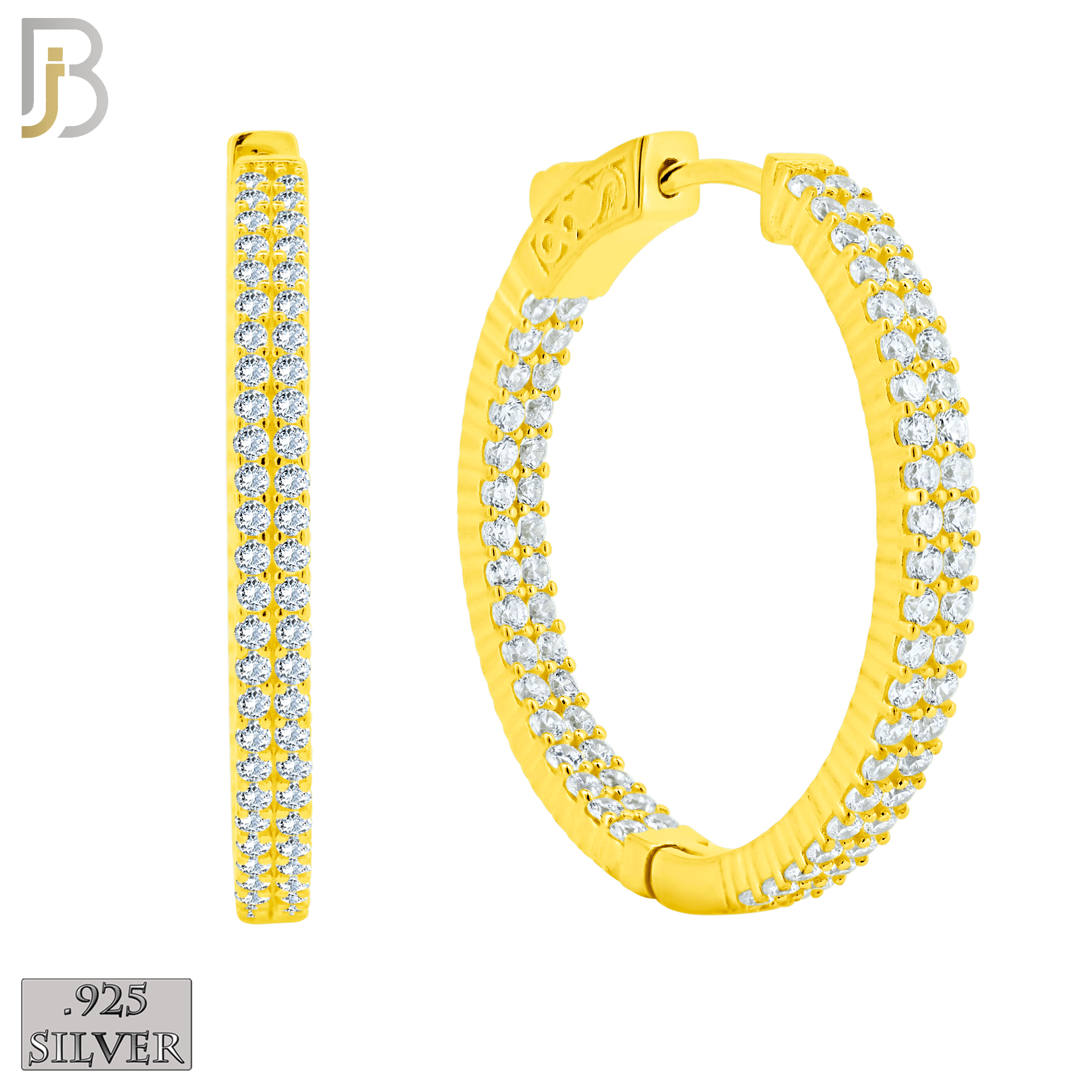 925-ES250 - .925 Sterling Silver Latch Back Hoop Earrings With Two Rows of Zircon image 1