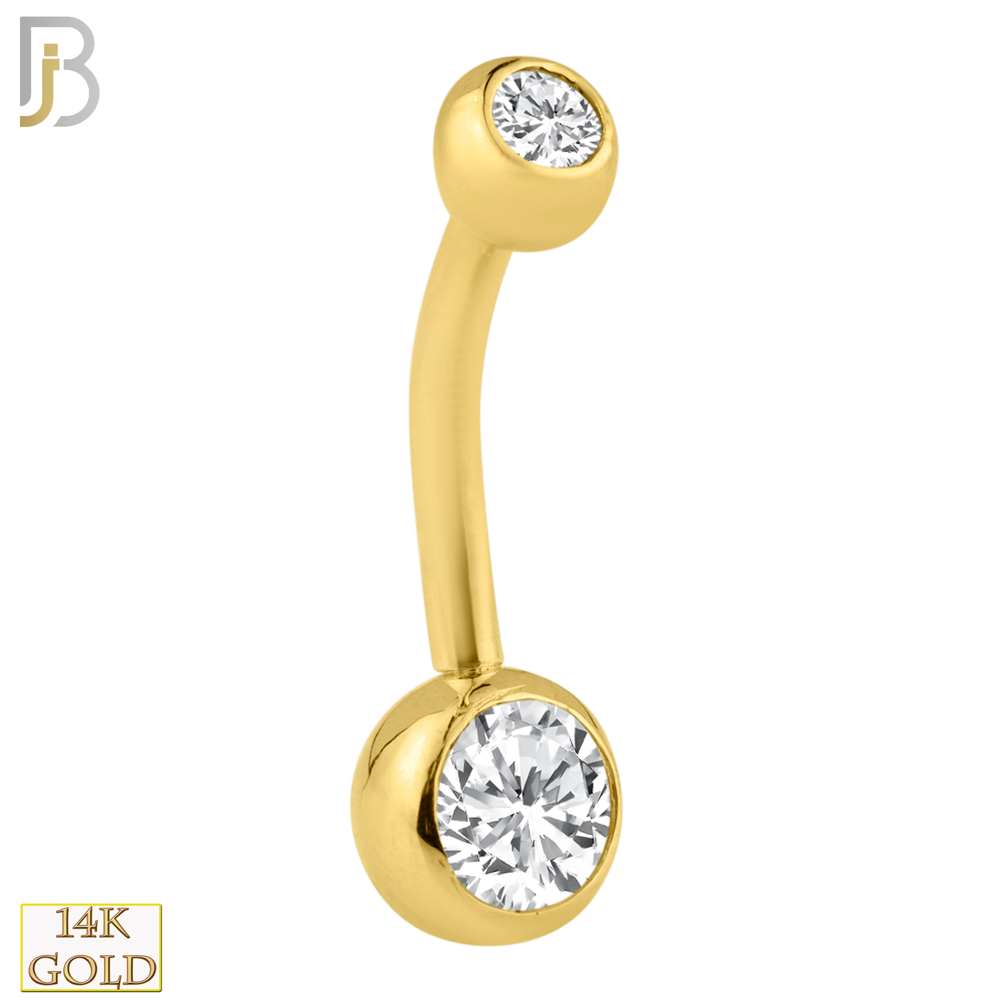 14-NB26 - 14k Solid Gold Double Gem Bezel Zircon Plain Banana Belly Ring image 1