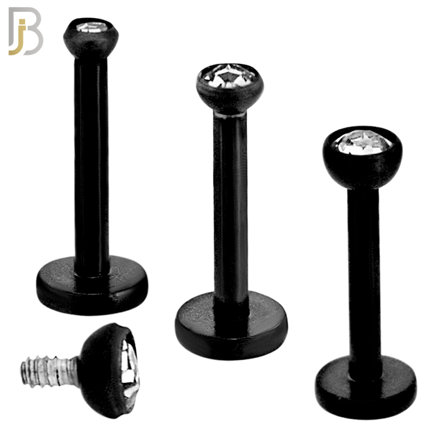 LB07K - 316L Surgical Steel Black Plated Bar Press Fit Zircon Bezel Monroe Labret Screw Internally Threaded  Flat Back (PACK OF 6) image 0