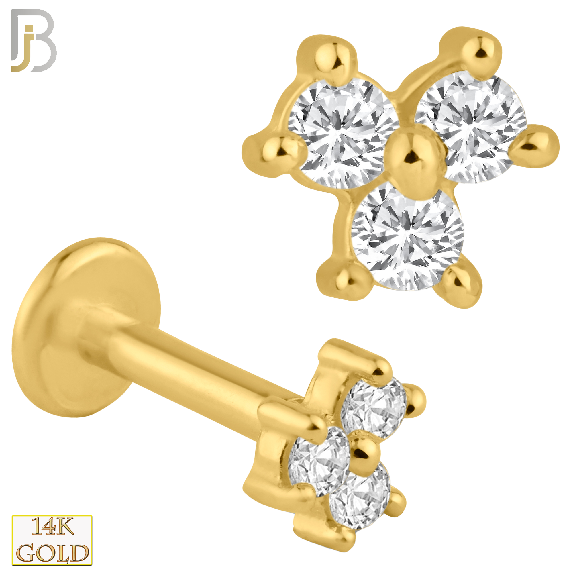 14-LB35 - 14k Solid Gold Three Round Zircon in Triangle Internally Threaded Labret image