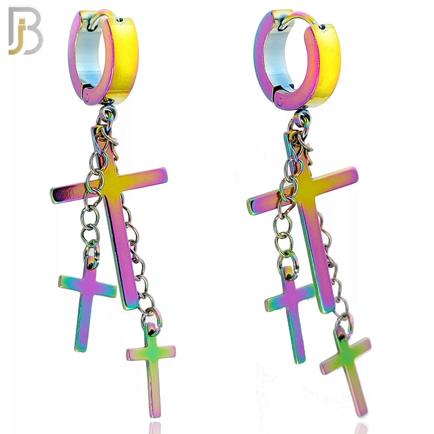 ES39 - 316L Stainless Steel Dangling 3 Cross Design Huggies Clip On - Rainbow Color image