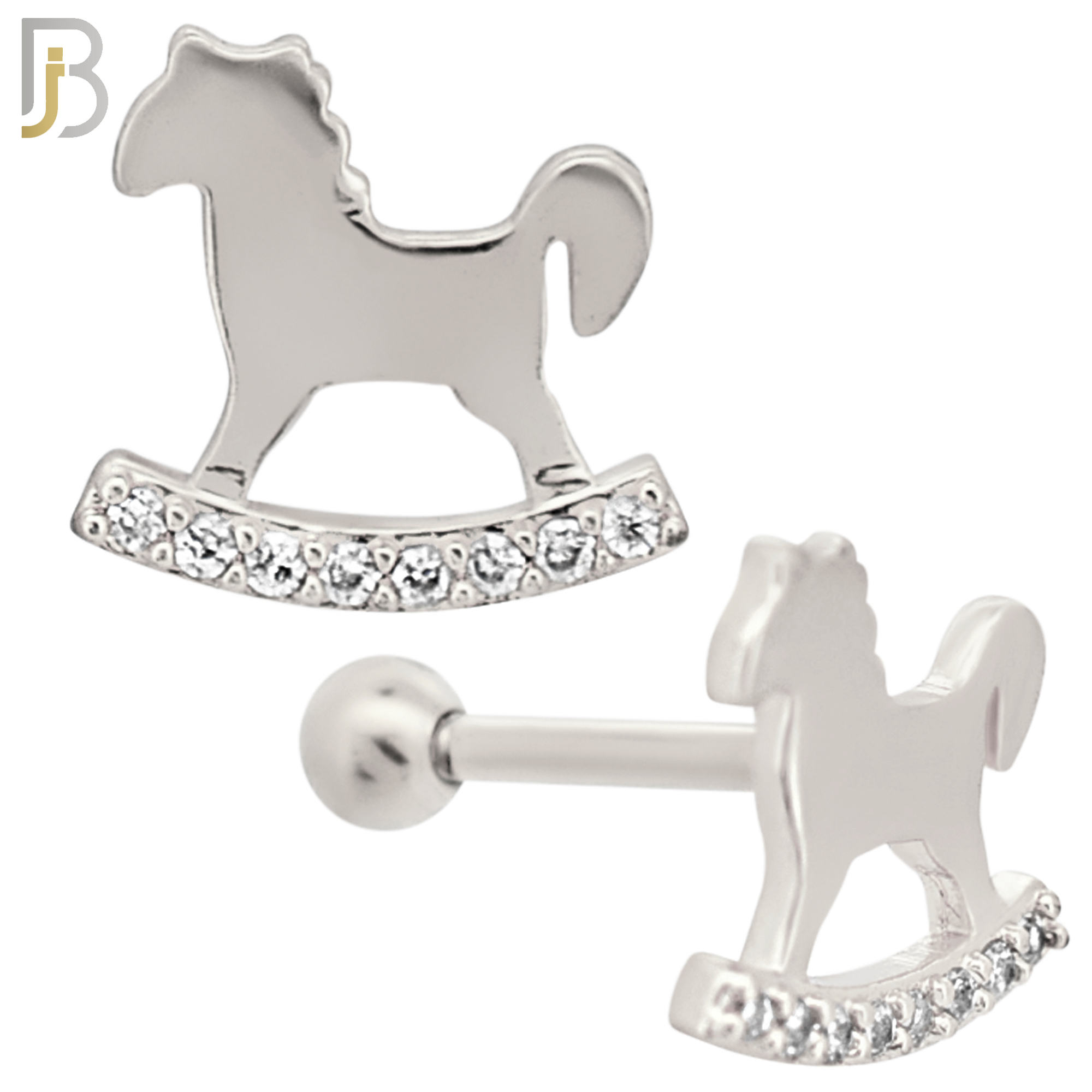 TB50 - 316L Stainless Steel and Brass Rocking Horse with Zircon Design Tragus Barbell Cartilage Piercing Externally Threaded (PACK OF 6) image 1