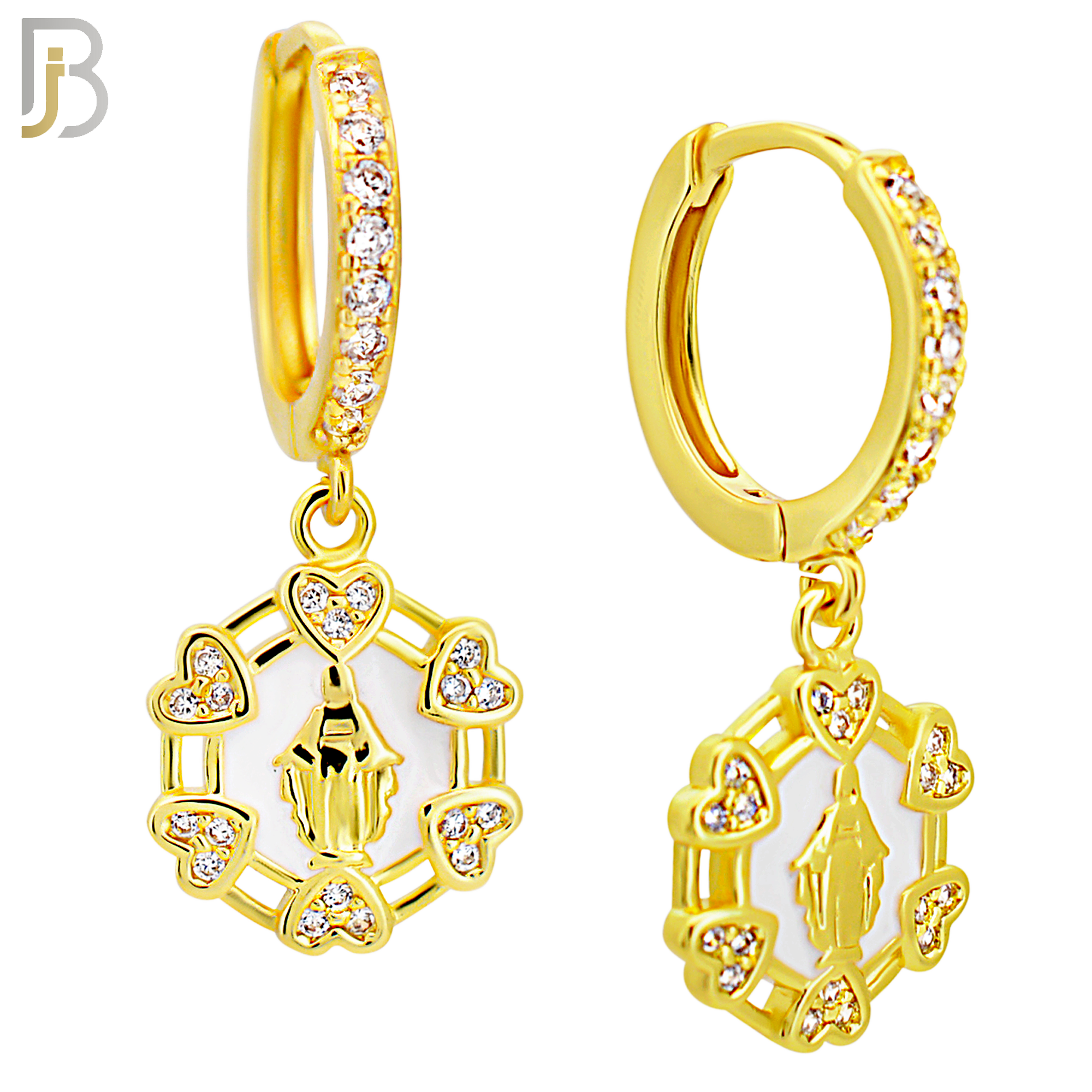 ES490 - 316L Stainless Steel Dangling Virgin Mary with Six Surrounding Hearts Huggies Earrings image 2