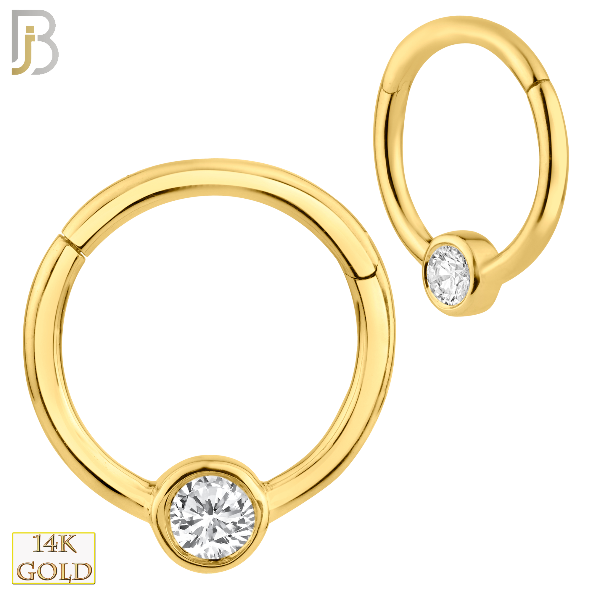 14-CT62 - 14K Solid Gold Hinged Hoops Single Zircon in Bezel Setting image 0