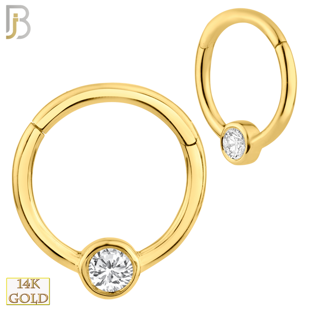 14-CT62 - 14K Solid Gold Hinged Hoops Single Zircon in Bezel Setting image 0