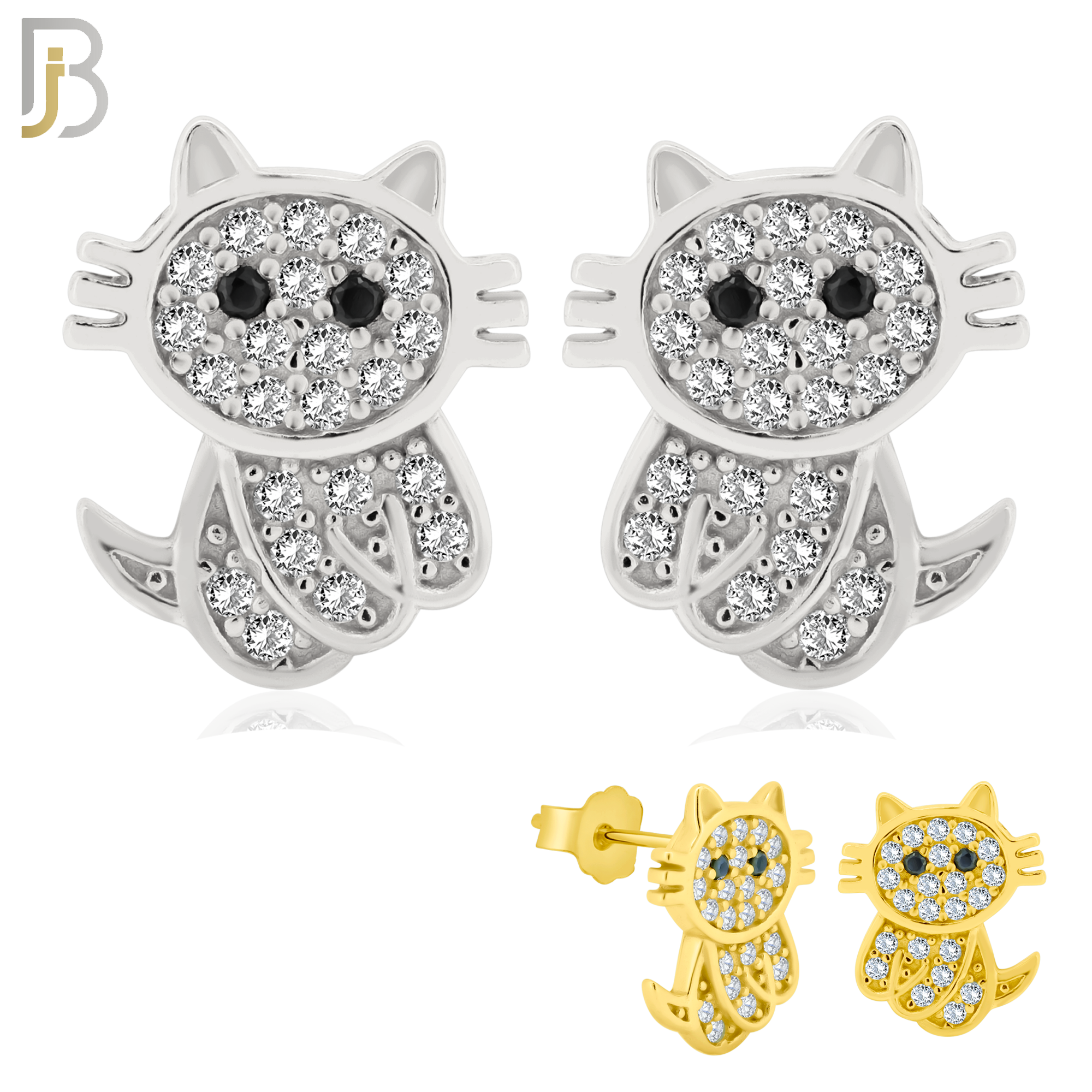 925-ES197 - .925 Sterling Silver Cat Design Earring Stud with Clear Zircon image 0