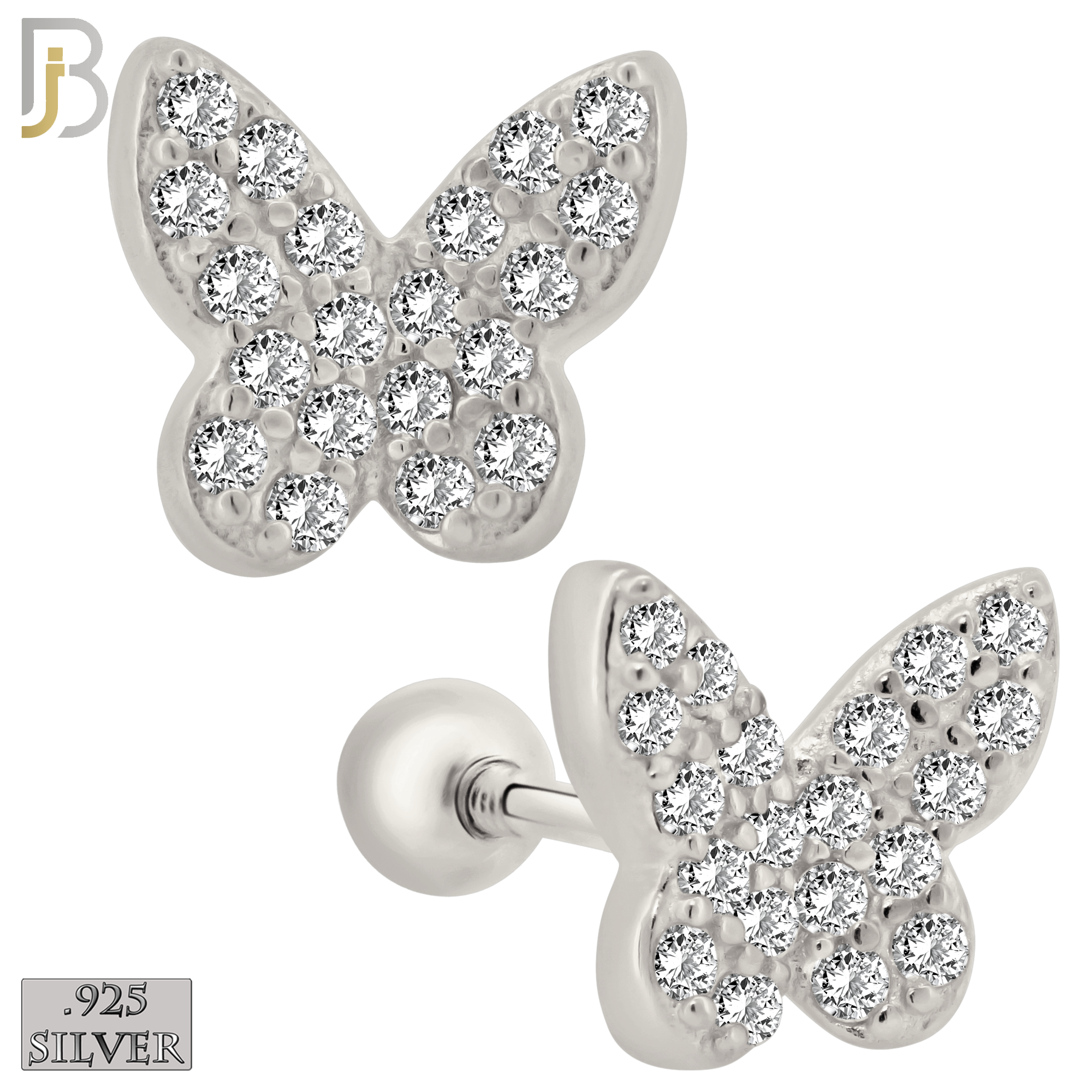 925-ES316 - Screw Ball Back - .925 Sterling Silver Butterfly with Multi CZ Stud Earrings image 1