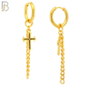 ES286 - 316L Stainless Steel Cross & Long Chain Dangle Drop Hoop Huggies Earrings - Gold Plated image