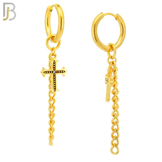 ES286 - 316L Stainless Steel Cross & Long Chain Dangle Drop Hoop Huggies Earrings - Gold Plated image