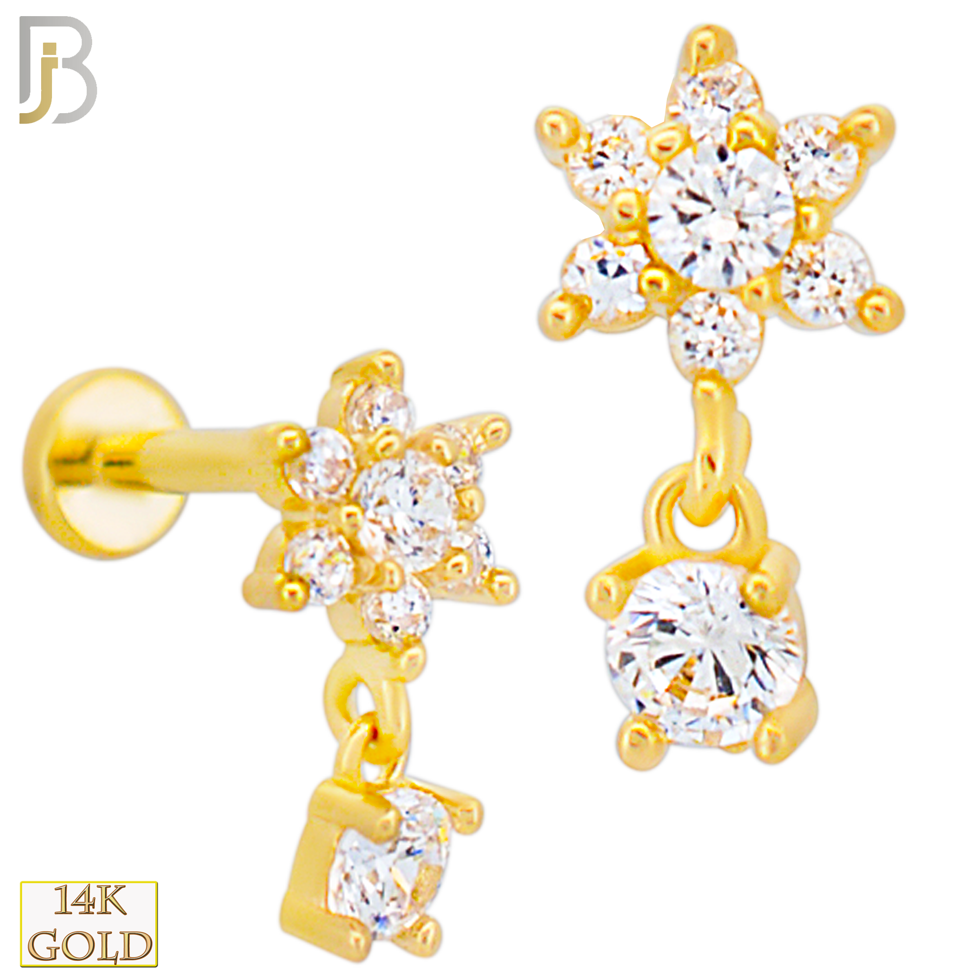 14-LB108 - 14k Yellow Gold Six Petal Flower with Dangling Round CZ Labret image 0