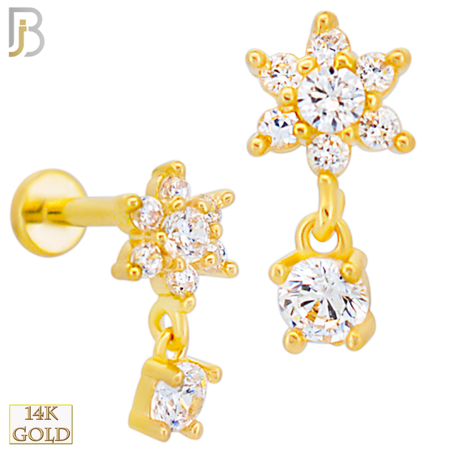14-LB108 - 14k Yellow Gold Six Petal Flower with Dangling Round CZ Labret image 0