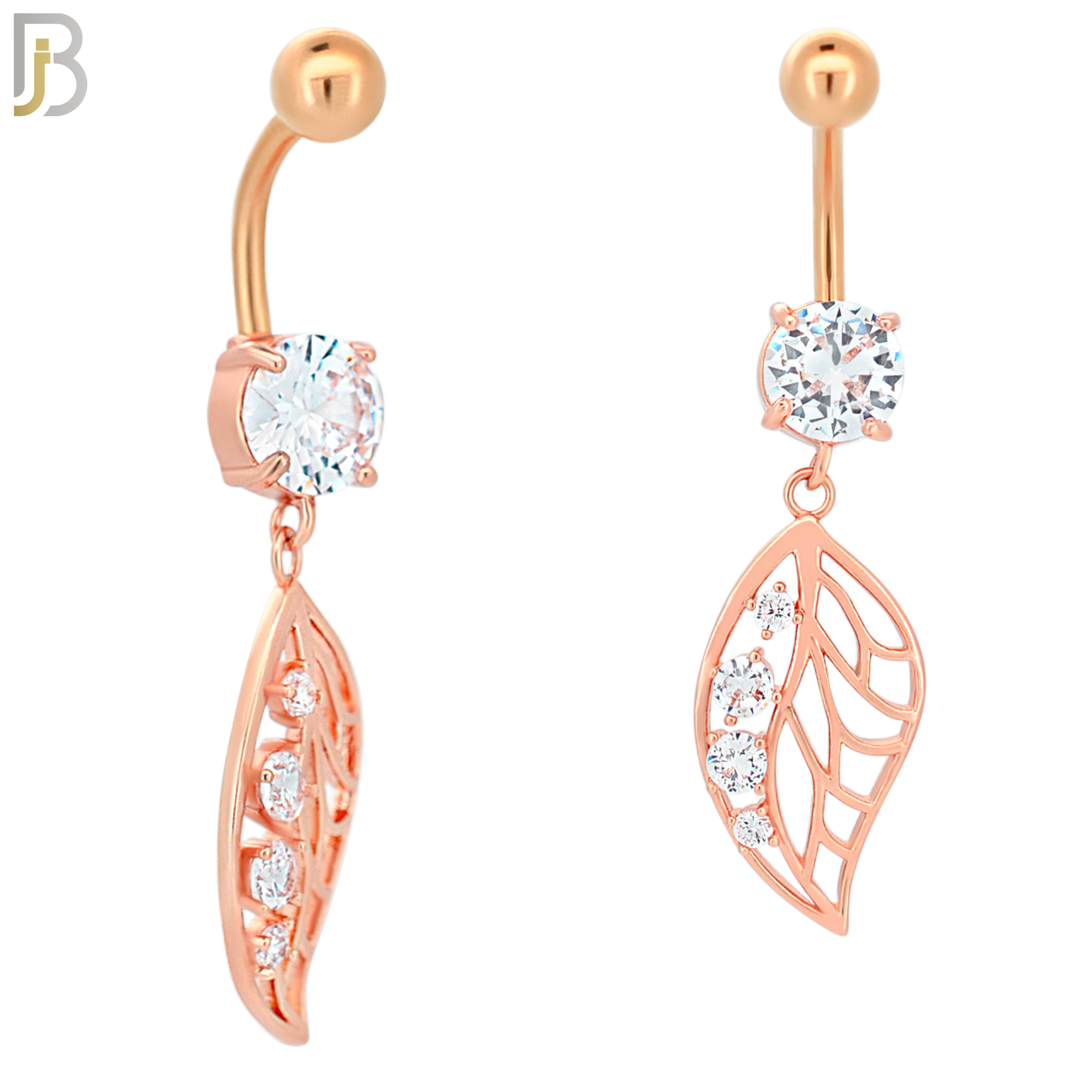 N032 - 316L Stainless Steel Dangling Leaf with 4 Prong Set Zircon Design Belly Ring with 5mm Screw Ball image 2