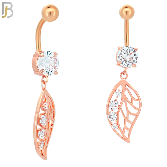 N032 - 316L Stainless Steel Dangling Leaf with 4 Prong Set Zircon Design Belly Ring with 5mm Screw Ball image 2