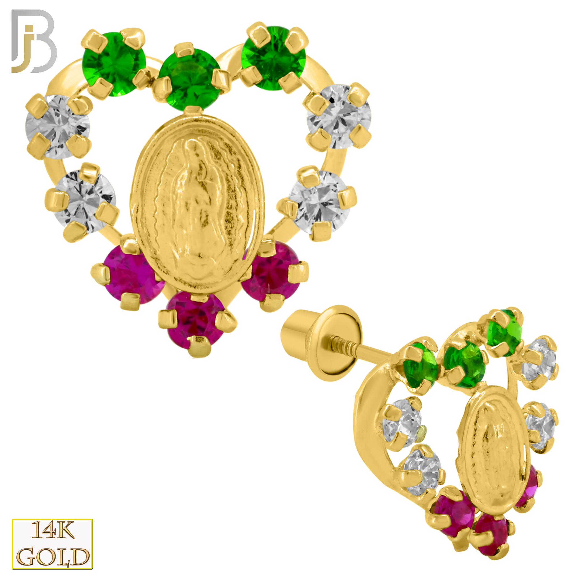 14-ES222 - 14k Solid Gold Hollow Heart with Mary Design Earring Stud with Clear Zircon image 0