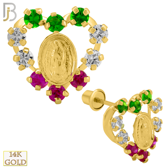 14-ES222 - 14k Solid Gold Hollow Heart with Mary Design Earring Stud with Clear Zircon image 0