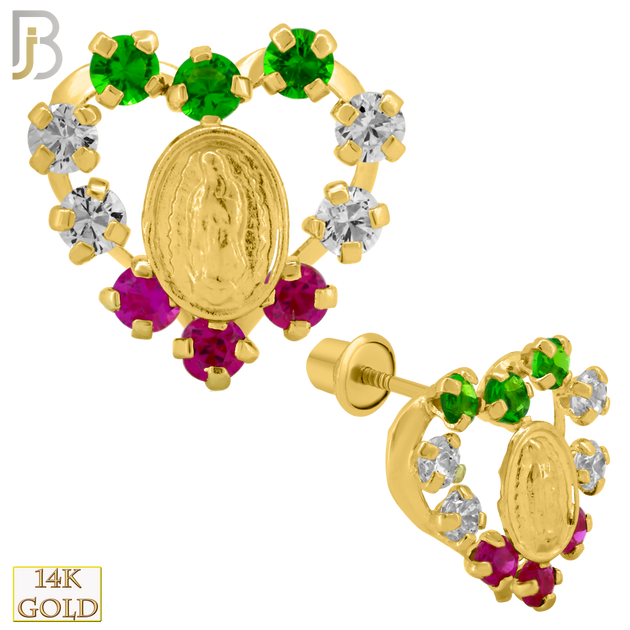 14-ES222 - 14k Solid Gold Hollow Heart with Mary Design Earring Stud with Clear Zircon image 0