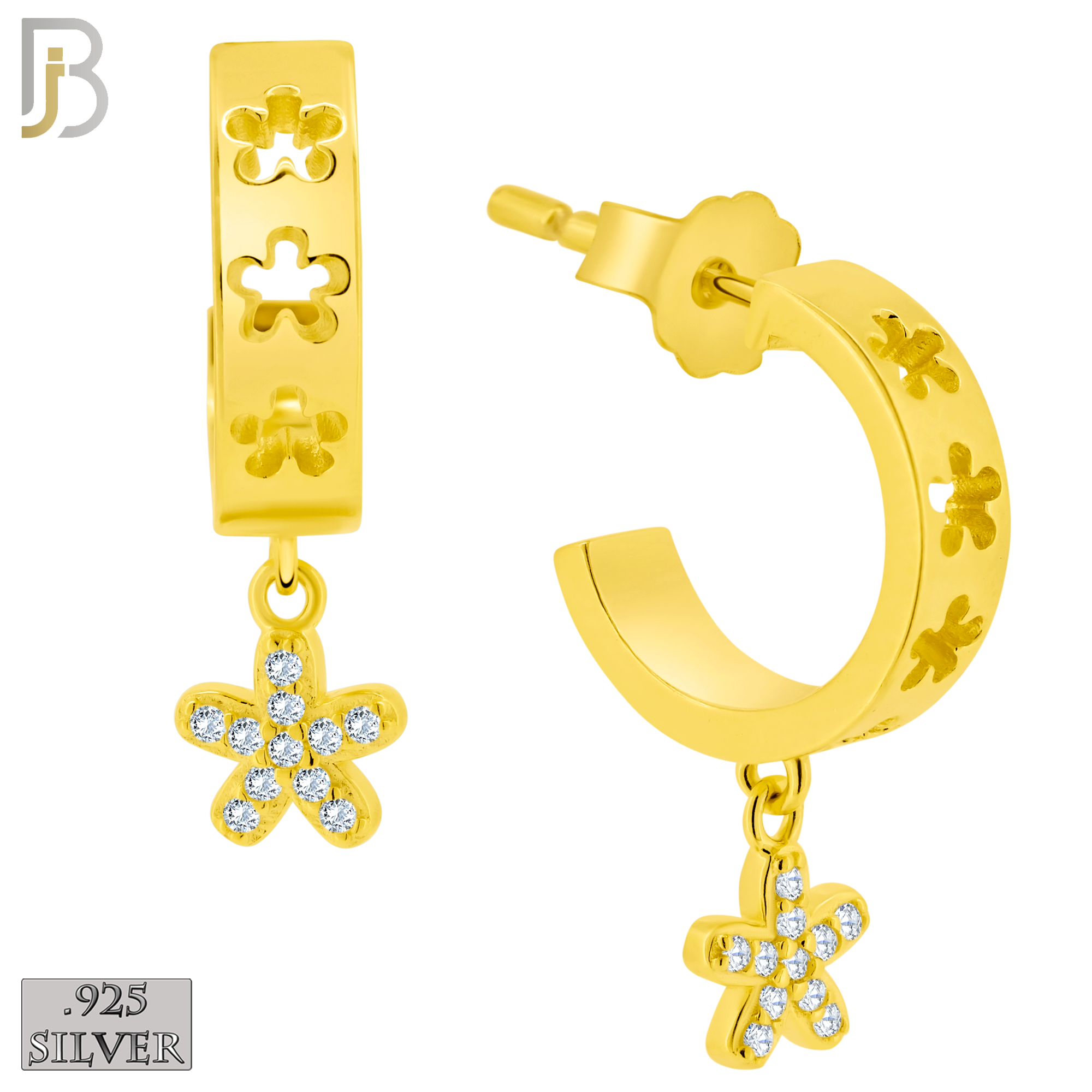 925-ES406 - 925 Sterling Silver Dangling CZ Studded Star/Flower Half Hoop Earrings image 1