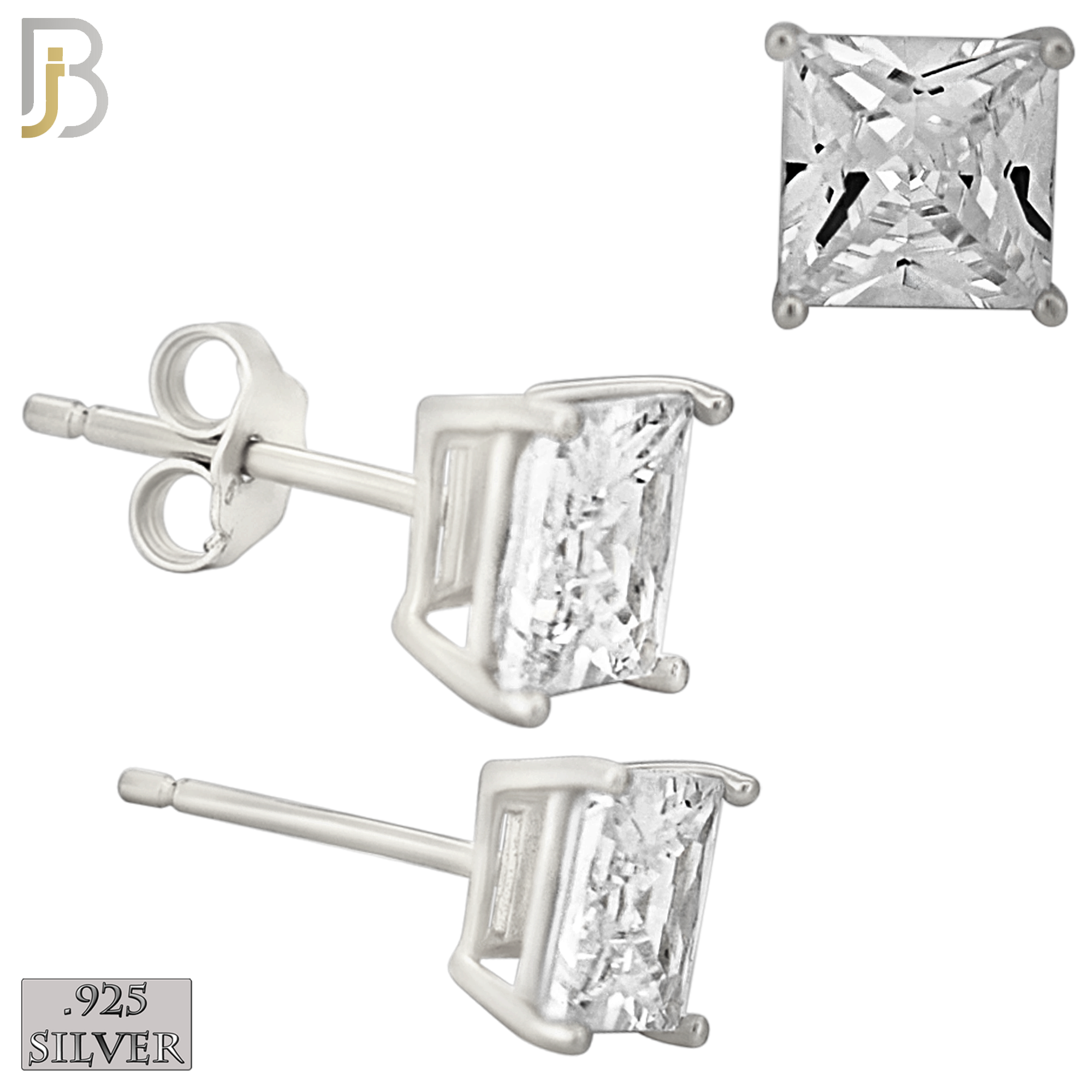 925-ES72-SC - .925 Sterling Silver Rhodium Plated Earring Stud Casting Square Princess Cut Prong Setting Clear Zircon image 5