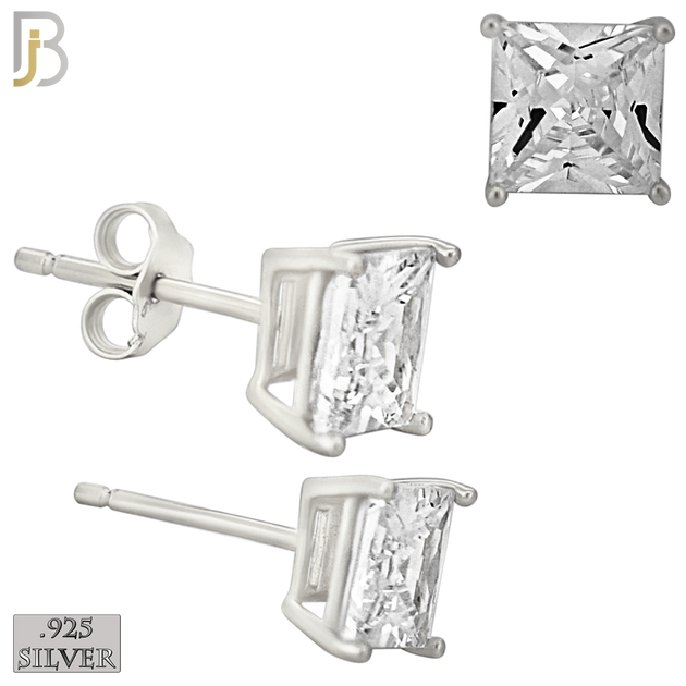 925-ES72-SC - .925 Sterling Silver Rhodium Plated Earring Stud Casting Square Princess Cut Prong Setting Clear Zircon image 5