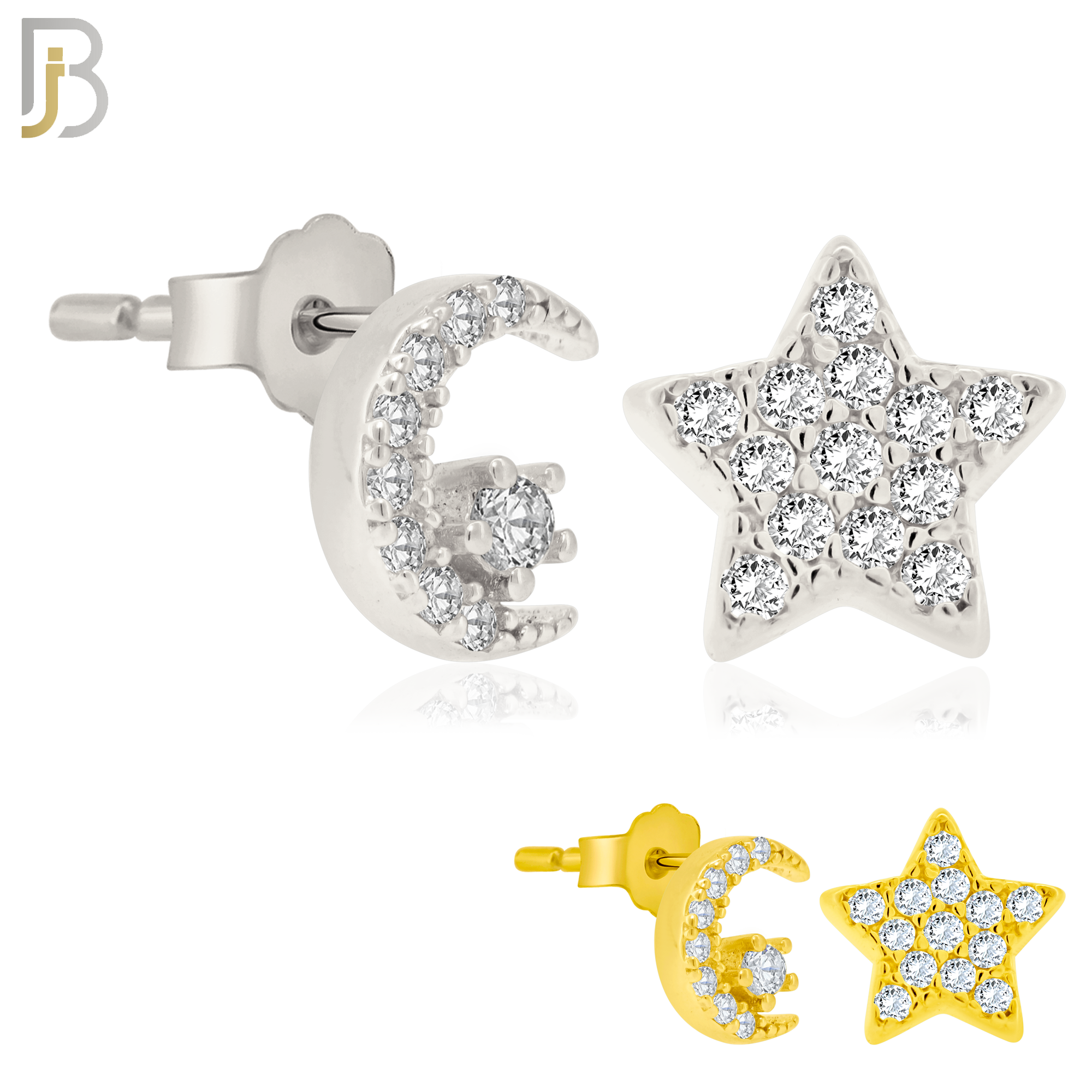 925-ES154 - Push Back - .925 Sterling Silver Crescent Moon and Star  Design with Zircon Design Earring Stud image 0