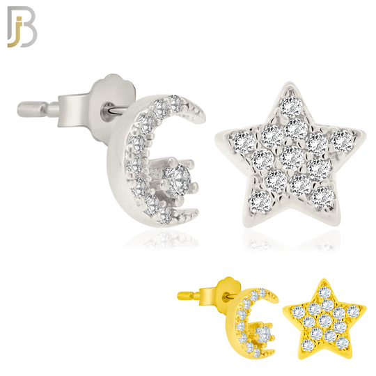 925-ES154 - Push Back - .925 Sterling Silver Crescent Moon and Star  Design with Zircon Design Earring Stud image 0
