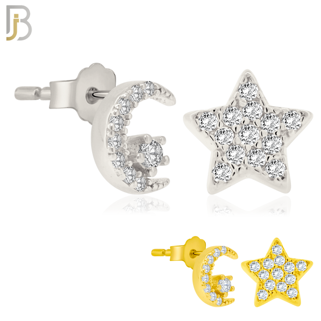 925-ES154 - Push Back - .925 Sterling Silver Crescent Moon and Star  Design with Zircon Design Earring Stud image 0