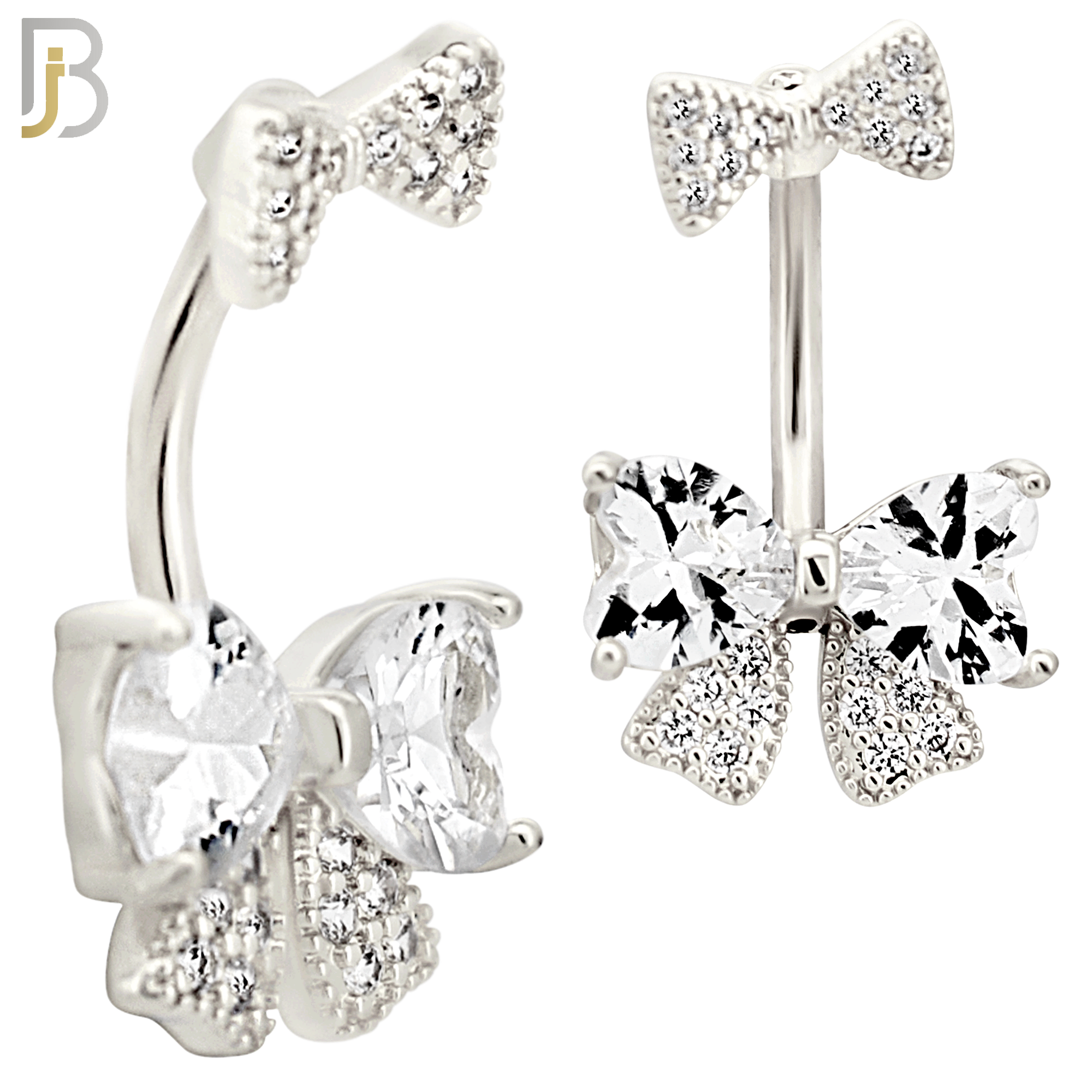 NB103 -  316L Surgical Steel Double Bow Tie with Heart Shaped CZ Center Belly Ring image 1