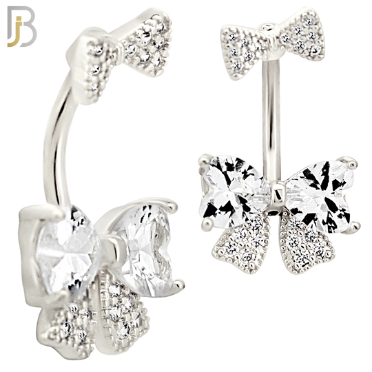 NB103 -  316L Surgical Steel Double Bow Tie with Heart Shaped CZ Center Belly Ring image 1