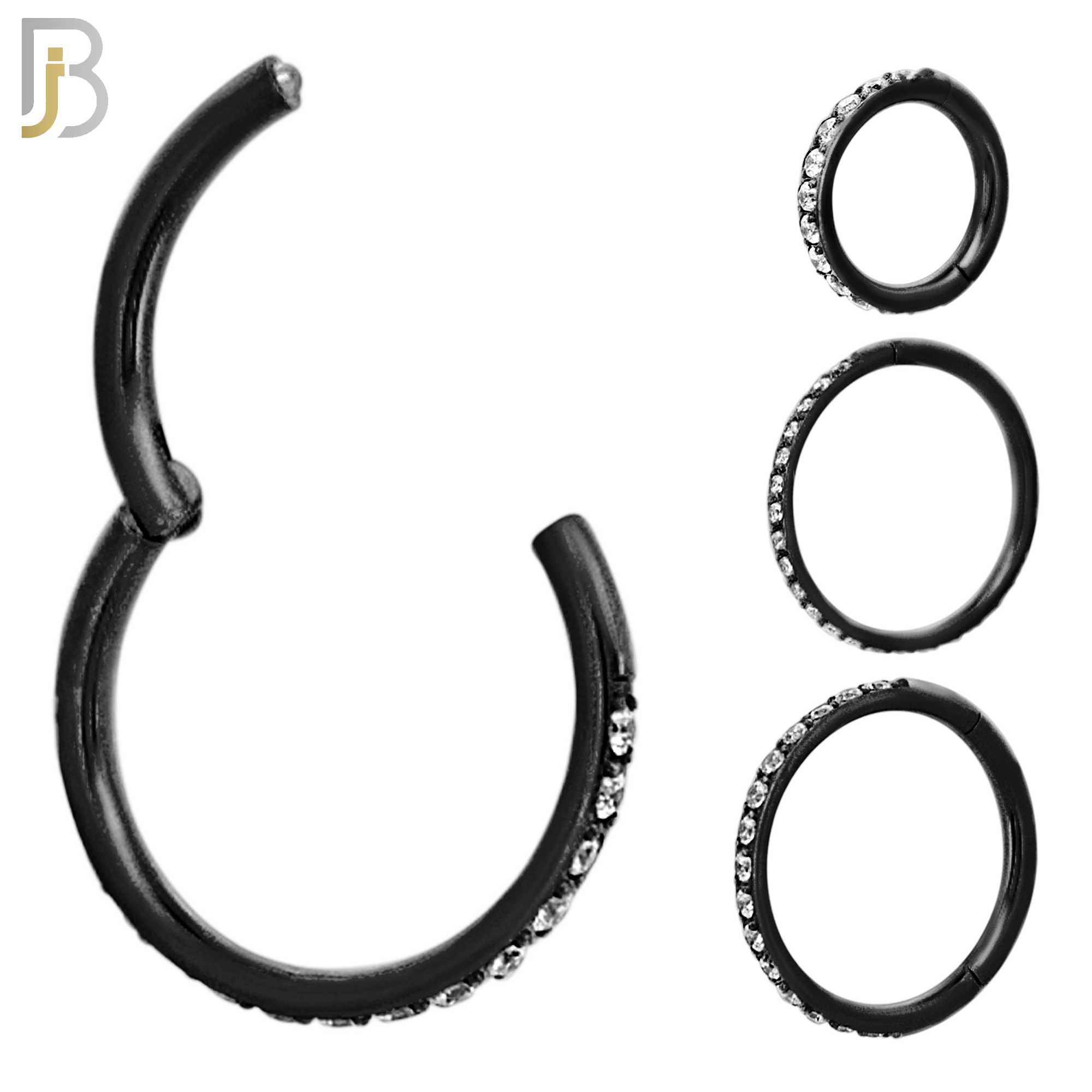 CT94K - 316 Stainless Steel Black Plated Hinged Hoop with Multi CZ Gems Nose Rings (PACK OF 6) image 0