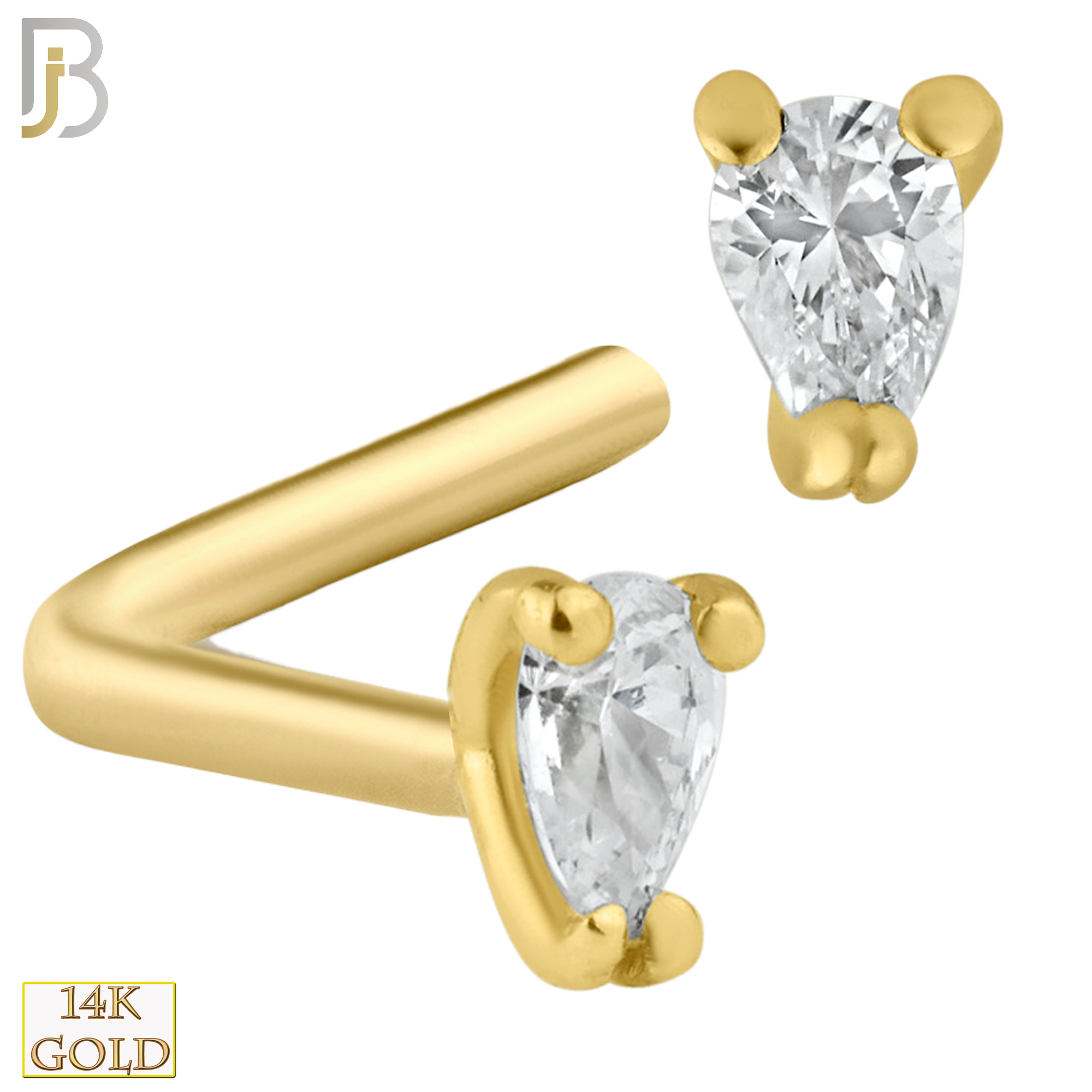 14-NR32L- 14k Solid Gold L Shape Nose Ring with Tear Drop Shape CZ in Prong Setting - Yellow Gold image