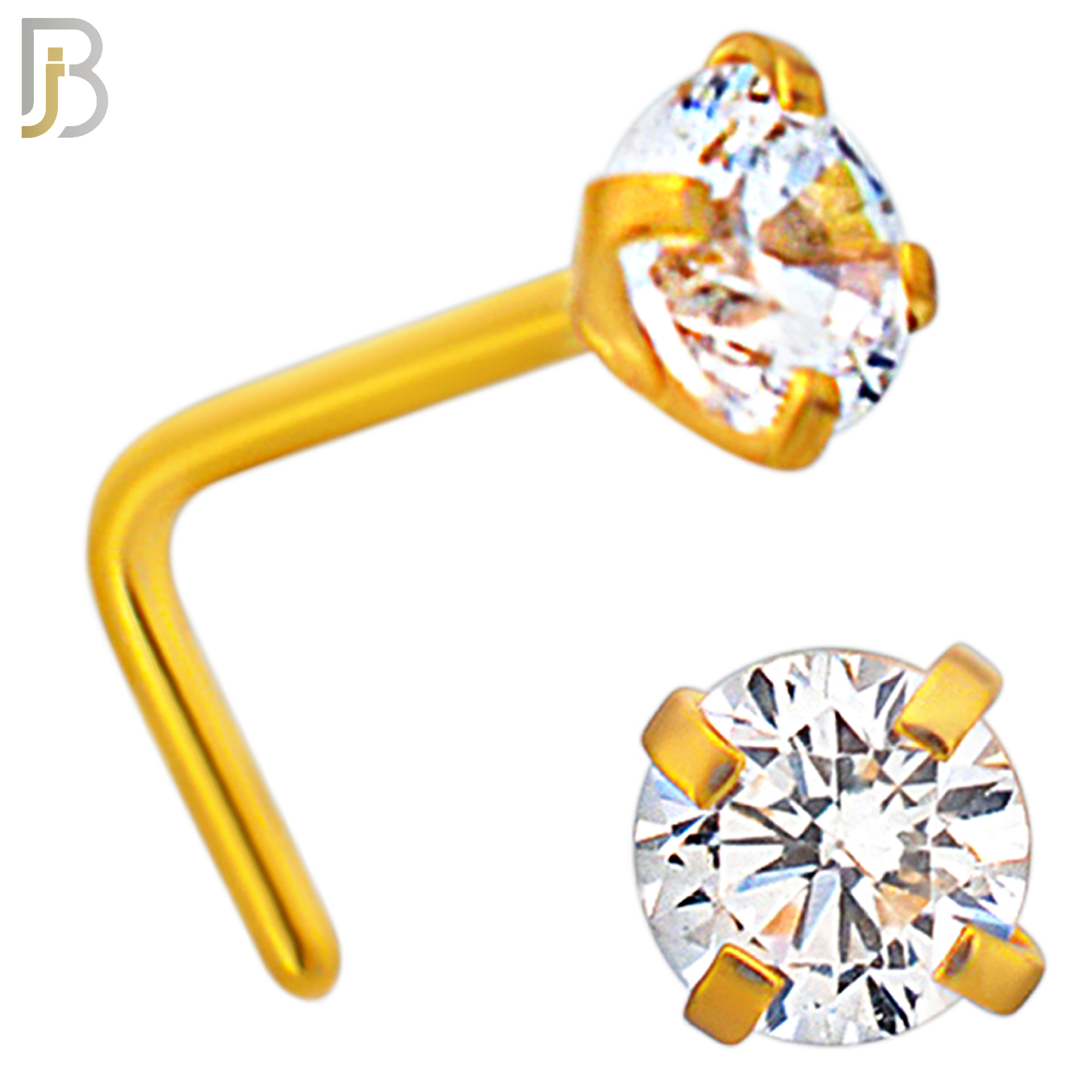NR10G - 316L Surgical Steel Gold Plated Nose L-Shape Prong Set Zircon Round Nose Ring (PACK OF 6) image 5