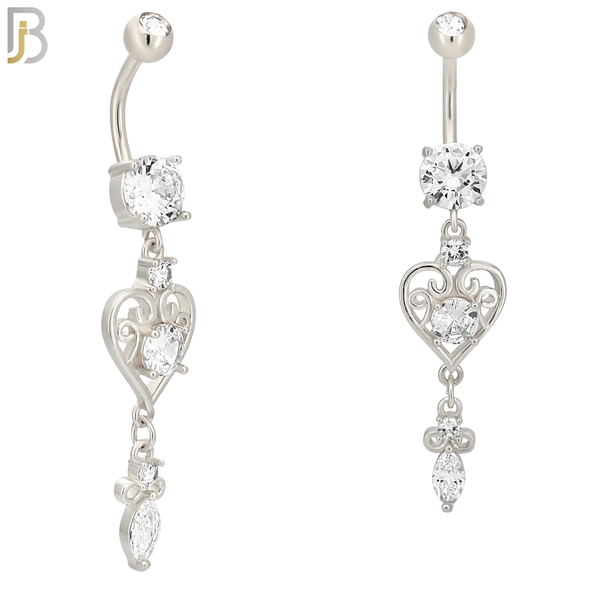N0100  - 316L Stainless Steel Round Zircon with Dangling Ornate Heart with Zircon Belly Ring image 1