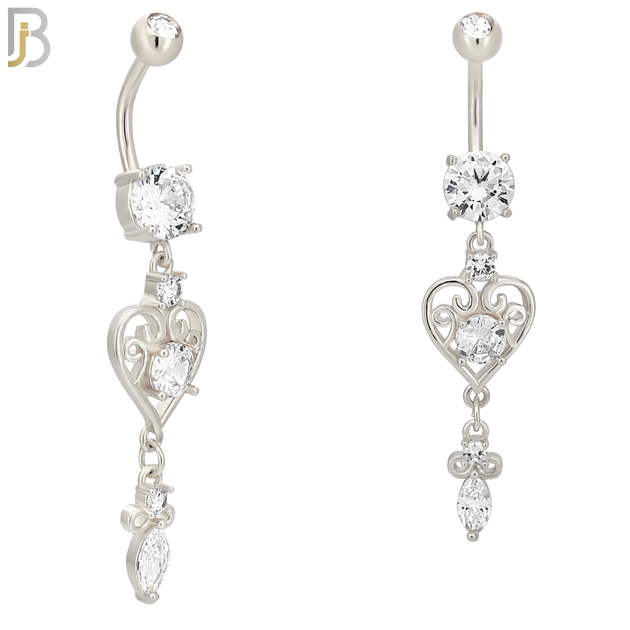 N0100  - 316L Stainless Steel Round Zircon with Dangling Ornate Heart with Zircon Belly Ring image 1