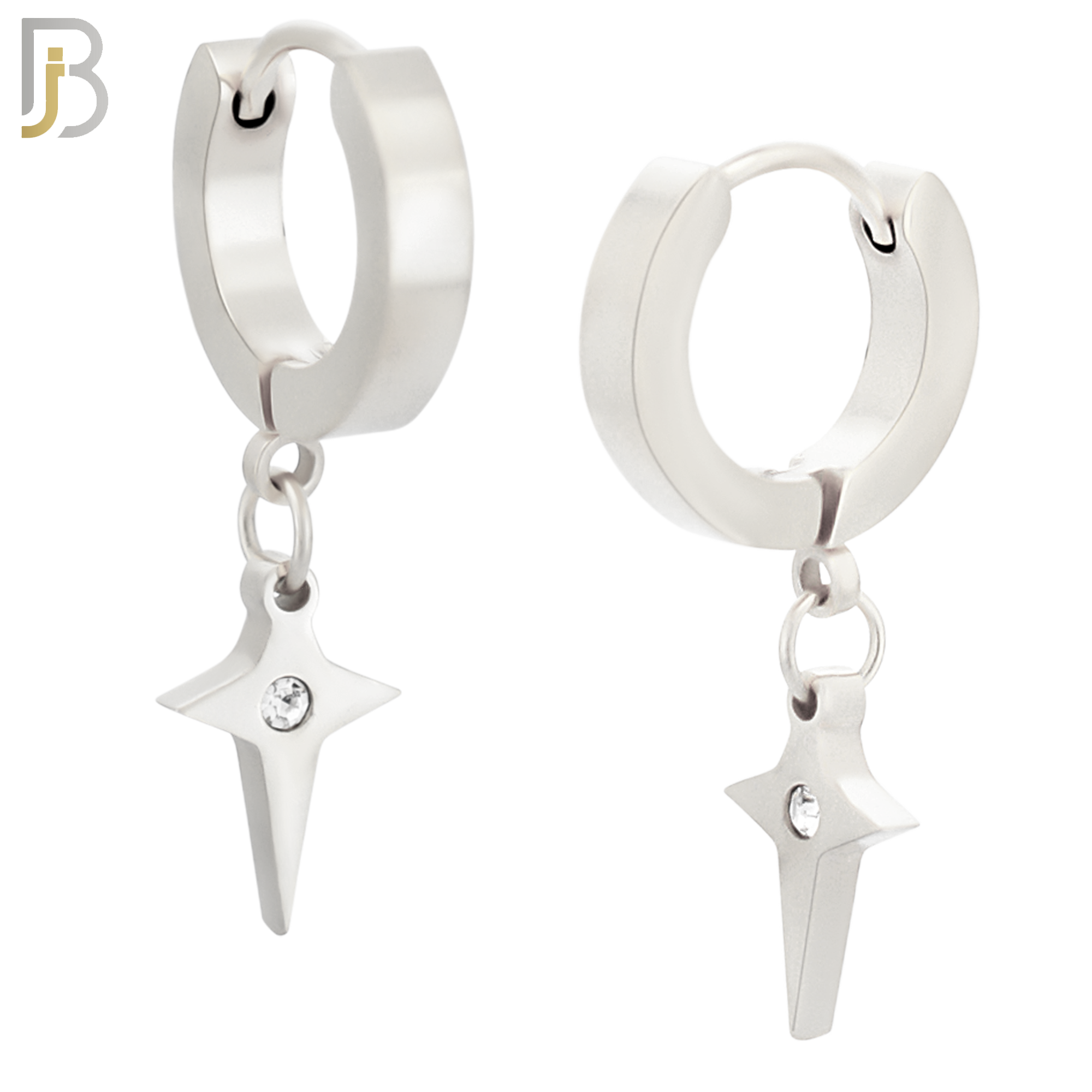 ES102 - 316L Stainless Steel Dangling Cross Spike with Bezel Zircon Huggies Clip On image 1