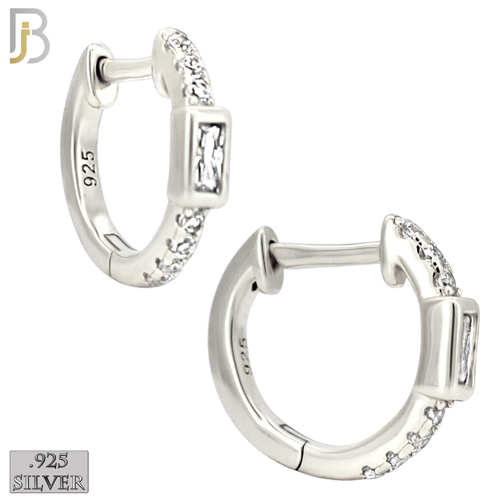 925-ES457 - 925 Sterling Silver Huggies Hoop Earrings with Baguette Zircon in Bezel Setting and Side Stones image 1