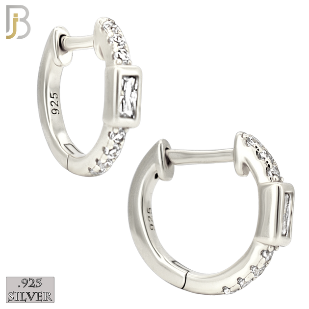 925-ES457 - 925 Sterling Silver Huggies Hoop Earrings with Baguette Zircon in Bezel Setting and Side Stones image 1