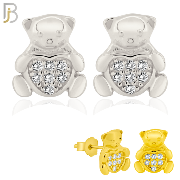 925-ES372 - Push Back -  .925 Sterling Silver Bear with Pave Heart Shaped Center Stud Earrings image 0