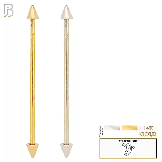 14-BB06Y16 - 14k Solid Gold Plain Spike 16g Industrial Barbell Externally Threaded image 0