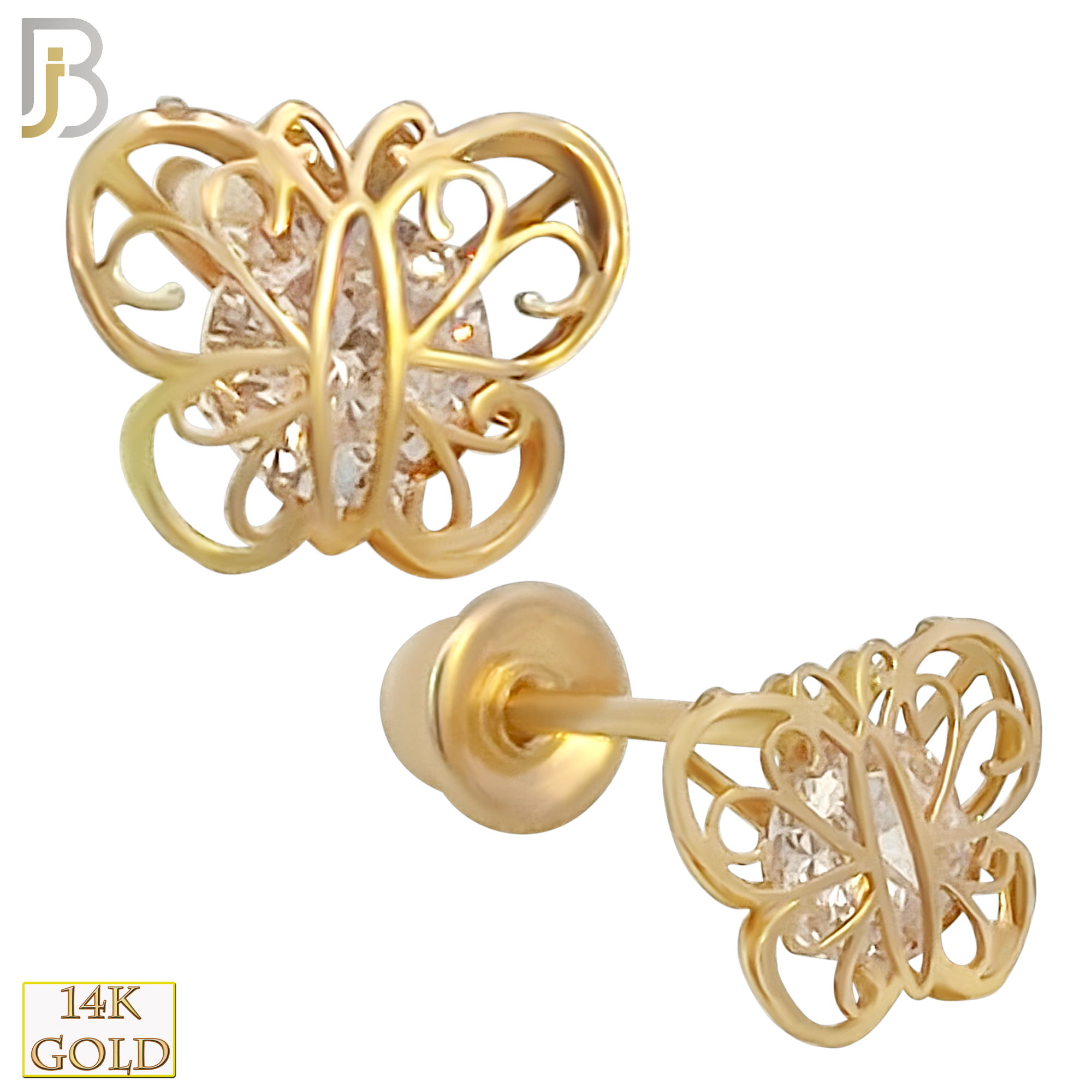 14k Solid Gold Butterfly with CZ Under Center Stud Earrings - Screw Back image 0