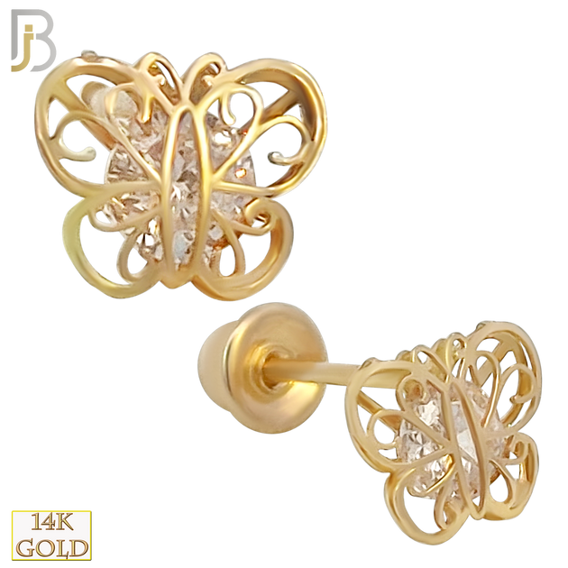 14k Solid Gold Butterfly with CZ Under Center Stud Earrings - Screw Back image 0