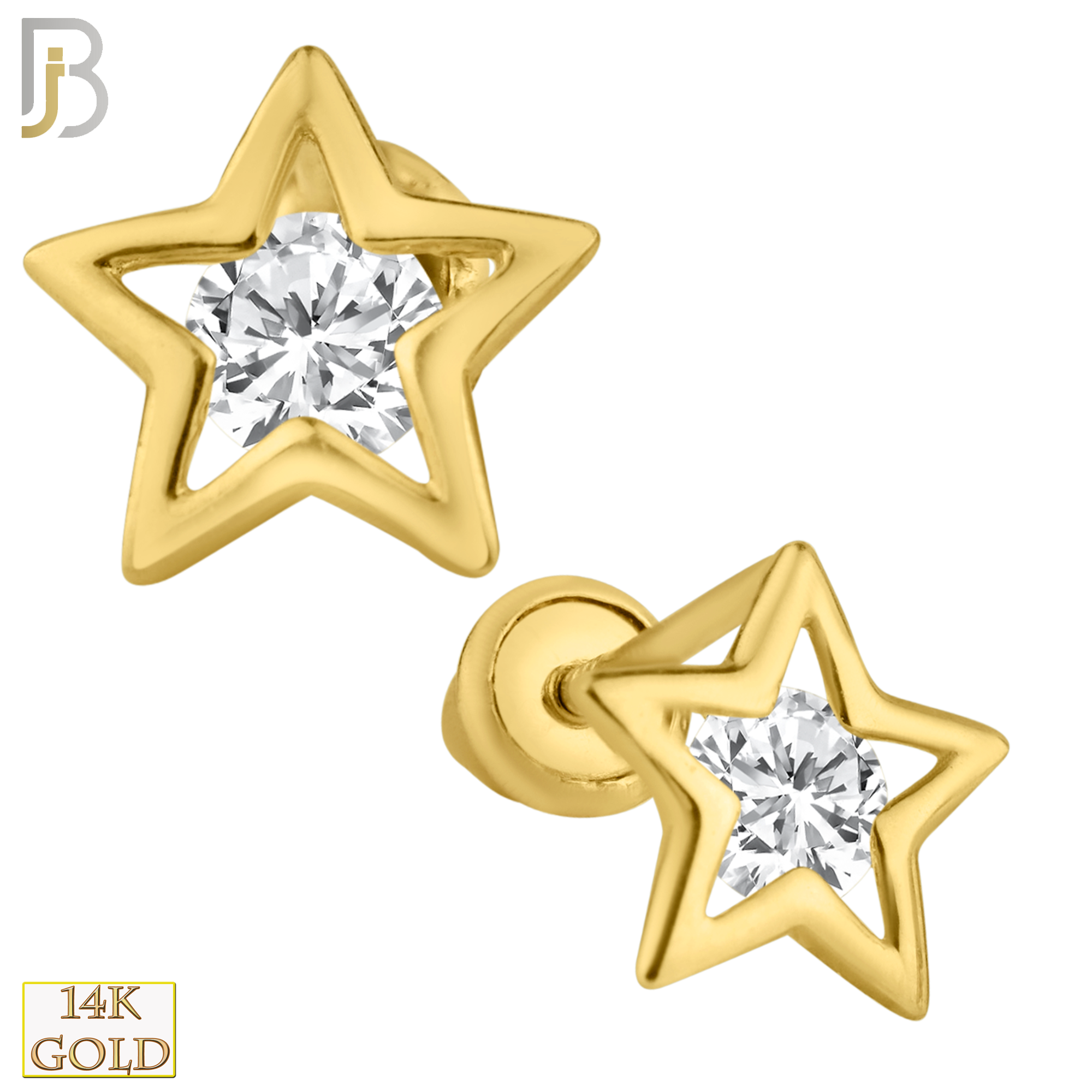 14-ES78 - 14k Solid Gold Hollow Star with Round CZ Center Stud Earrings image 0