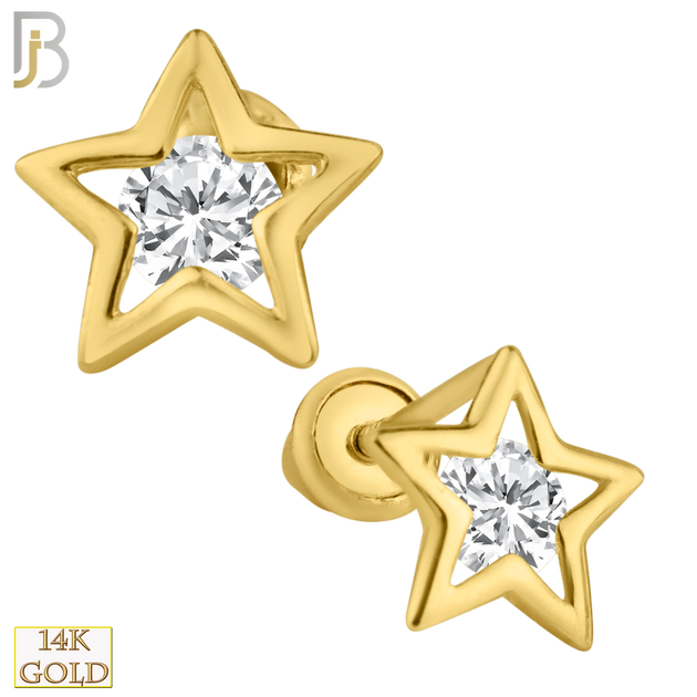 14-ES78 - 14k Solid Gold Hollow Star with Round CZ Center Stud Earrings image 0