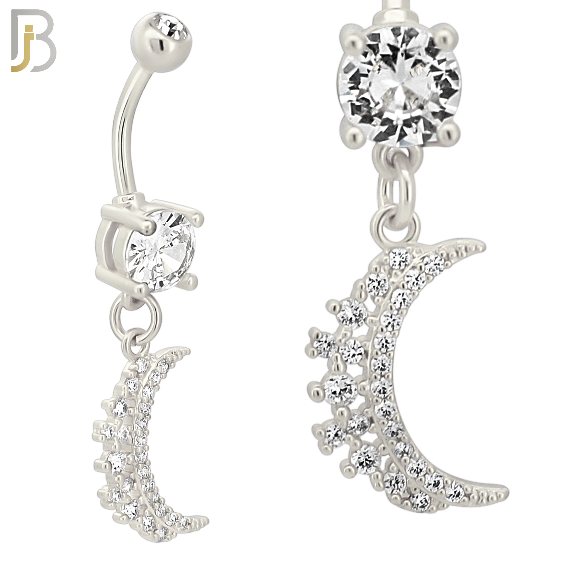 N037 - 316L Stainless Steel Dangling Crescent Moon  Zircon Design Belly Ring with 4mm Screw Ball - Steel image