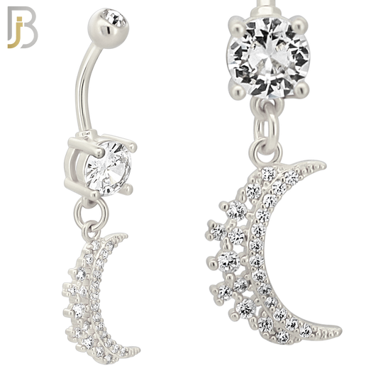 N037 - 316L Stainless Steel Dangling Crescent Moon  Zircon Design Belly Ring with 4mm Screw Ball - Steel image