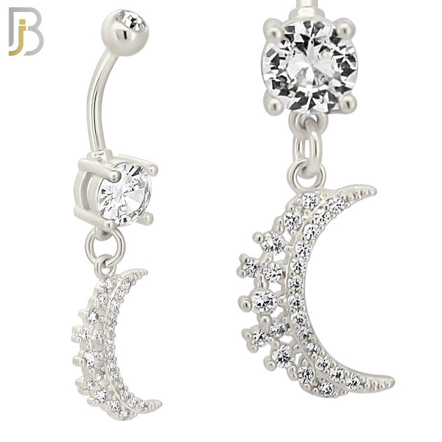 N037 - 316L Stainless Steel Dangling Crescent Moon  Zircon Design Belly Ring with 4mm Screw Ball - Steel image