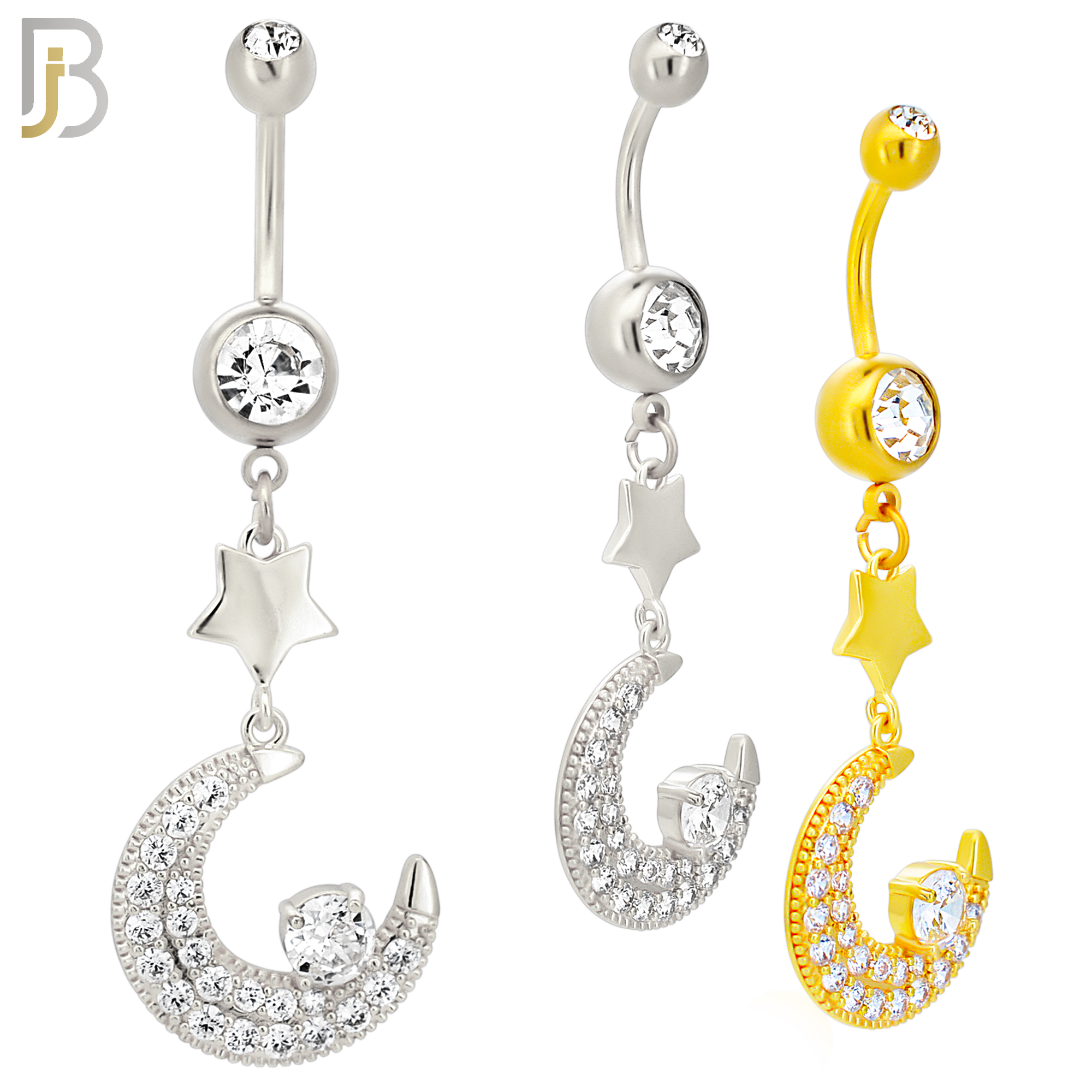 N0143 - 316L Surgical Steel Dangling Crescent Moon with Multi CZ Belly Ring image 0