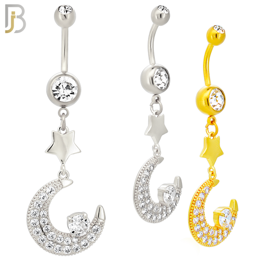 N0143 - 316L Surgical Steel Dangling Crescent Moon with Multi CZ Belly Ring image 0
