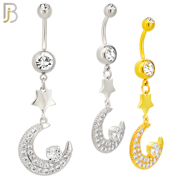 N0143 - 316L Surgical Steel Dangling Crescent Moon with Multi CZ Belly Ring image 0