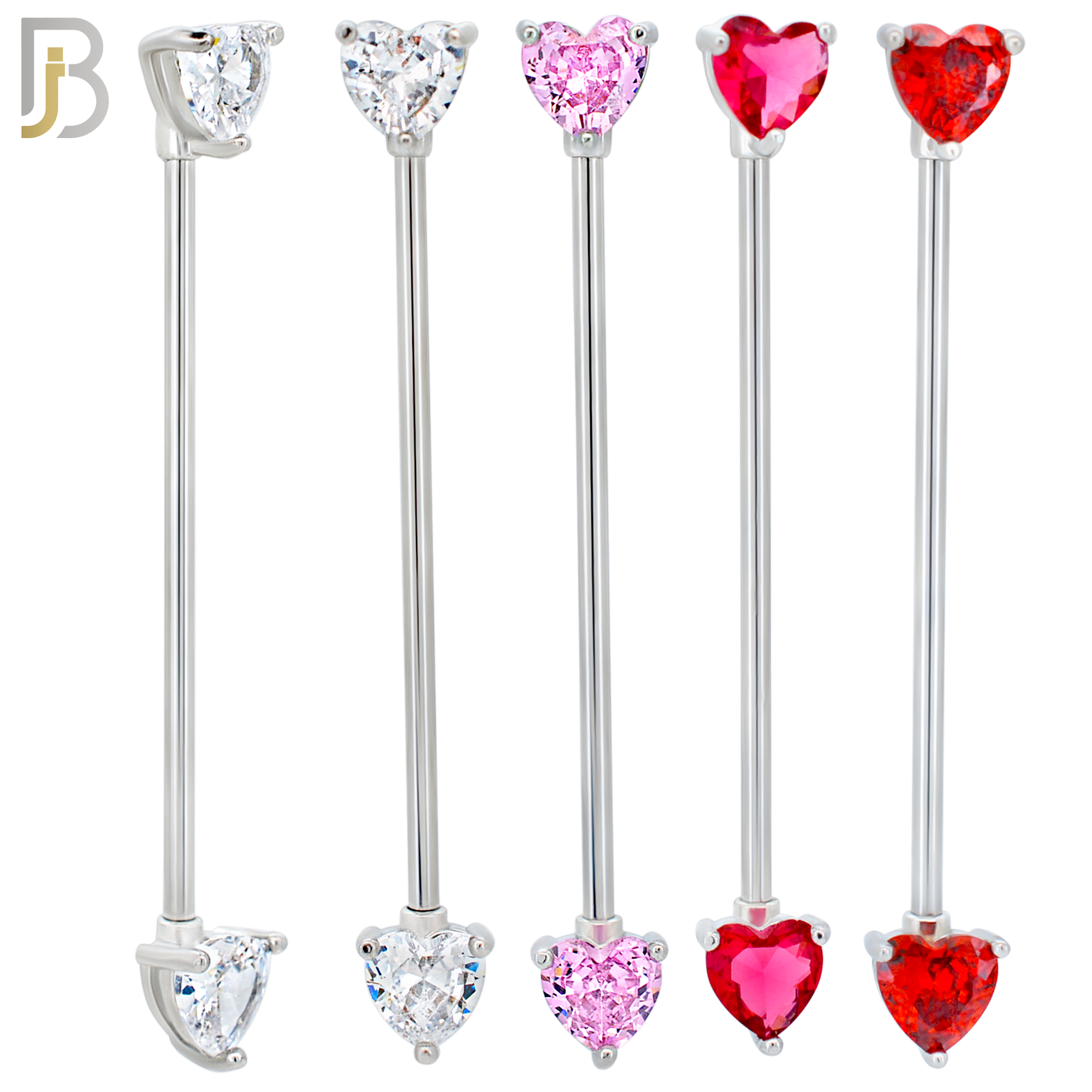 PK-BB60S - 316L Surgical Steel Heart Shaped CZ in Prong Set Industrial Barbell Pack of 16 pcs - Steel image