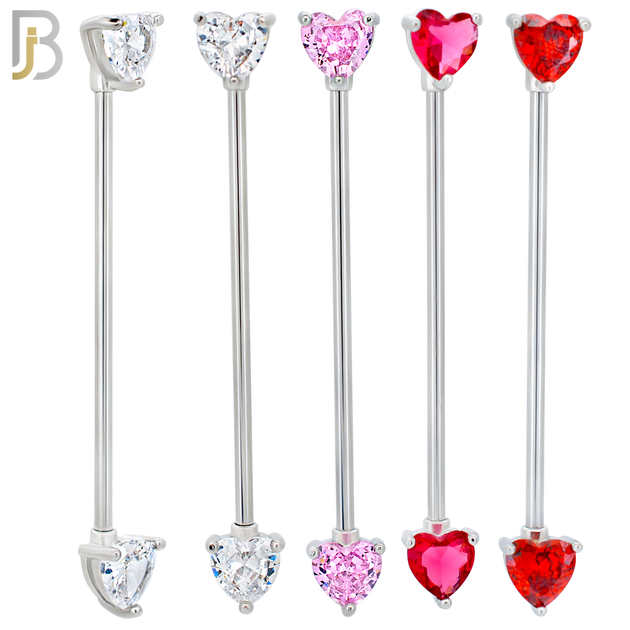 PK-BB60S - 316L Surgical Steel Heart Shaped CZ in Prong Set Industrial Barbell Pack of 16 pcs - Steel image
